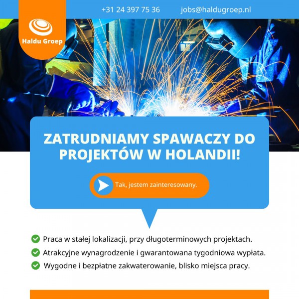 Spawacz MIG-MAG/TIG - Holandia - wynagrodzenie €550-€640 netto na tydzień