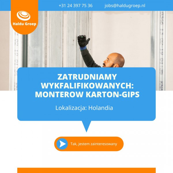 Monter płyt gipsowo-kartonowych - Holandia - wynagrodzenie €540-€650 netto na tydzień