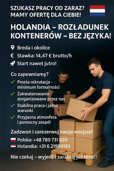 Rozładunek kontenerów, praca od zaraz bez języka