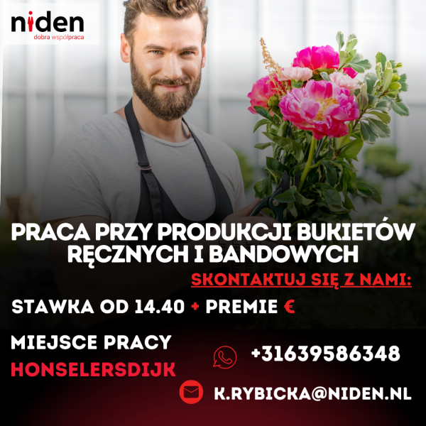 PRACA PRZY PRODUKCJI BUKIETÓW RĘCZNYCH I BANDOWYCH- 14.40 + Premie -Honselersdijk