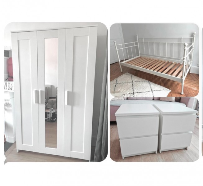 Białe Mebelki - Łóżko + Szafa z lustrem + 2 Komody