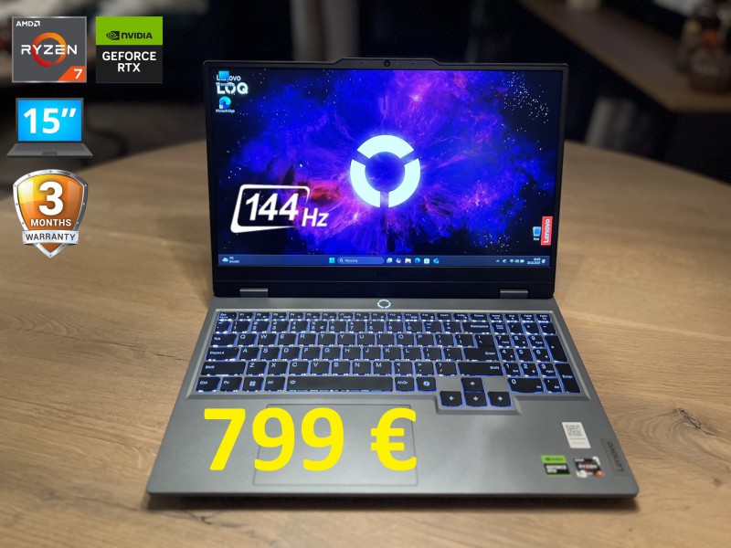 Gamingowy LENOVO LOQ, Ryzen 7, 16GB RAM, RTX 4050 6GB, SSD, 15 cali FHD 144 Hz, możliwy dowóz