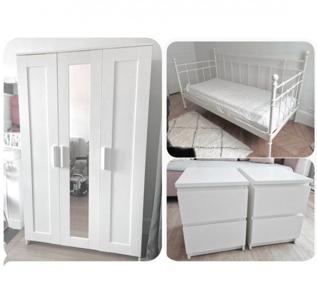 BIAŁE MEBELKI - Łóżko z materacem + Szafa z lustrem + 2 Komody