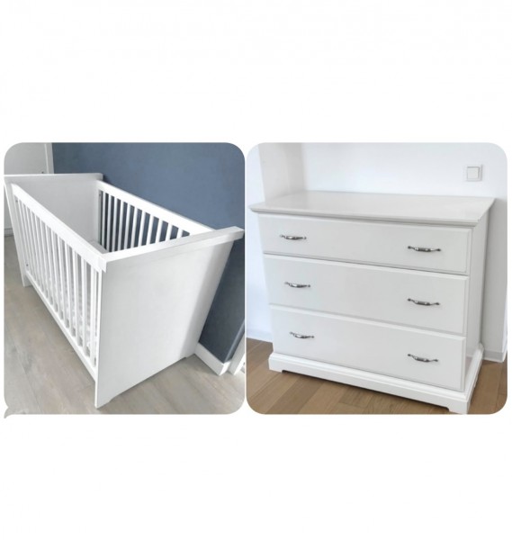 BIAŁE MEBELKI - Komoda + Łóżeczko z materacem + Gratis