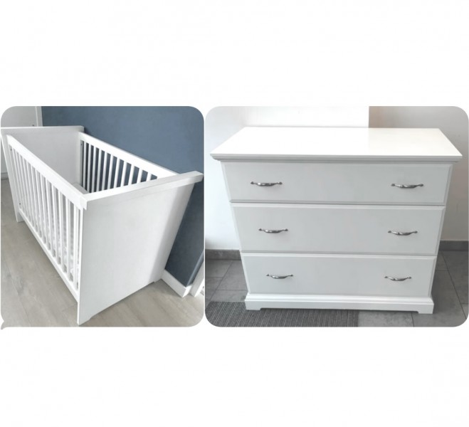 BIAŁE MEBELKI - Komoda + Łóżeczko z materacem + Gratis bujaczek