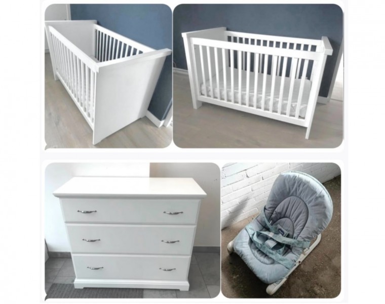 BIAŁE MEBELKI - Komoda + Łóżeczko z materacem + Gratis bujaczek