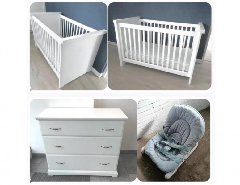 BIAŁE MEBELKI - Komoda + Łóżeczko z materacem + Gratis bujaczek