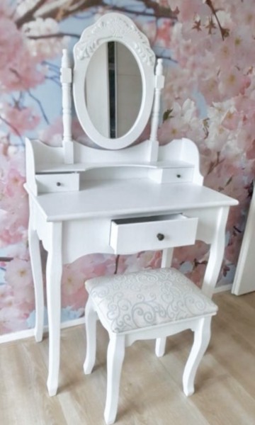 Śliczna - Biała toaletka z lustrem i krzesełkiem