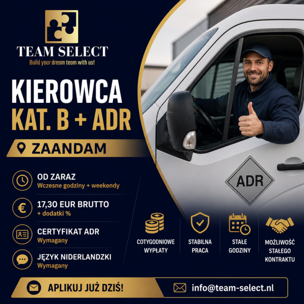 Kierowca kat. B z certyfikatem ADR Zaandam - 17,30 euro/h
