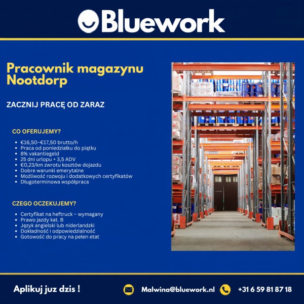 PRACOWNIK MAGAZYNU - NOOTDORP - stawka €16,50-€17,50 brutto/godz.